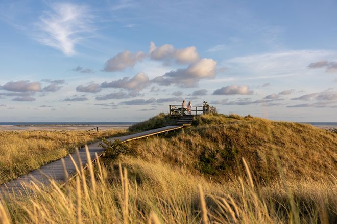 An vielen Stellen locken auf Amrum Aussichtsdünen, von denen der Blick in die Ferne bis zum Meer geht, das von keinem Punkt auf Amrum weiter als zwei Kilometer entfernt ist